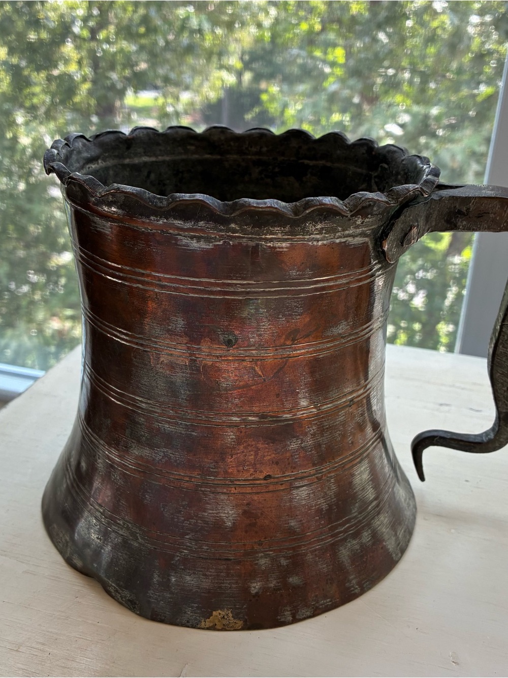Antique Metal Flagon - Tankard - Pitcher. Scalloped Rim - Rustic Copper Finish